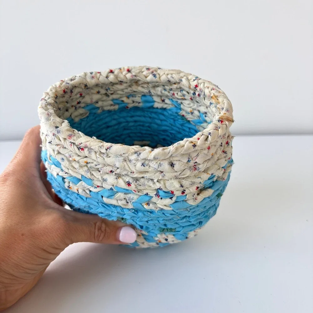 Vintage Hand Braided Fabric Rag Basket Blue Floral Coiled Cotton Storage Bowl